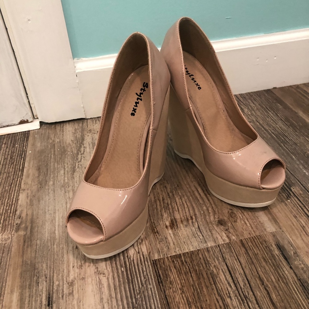 StyLuxe peep toe nude wedges
